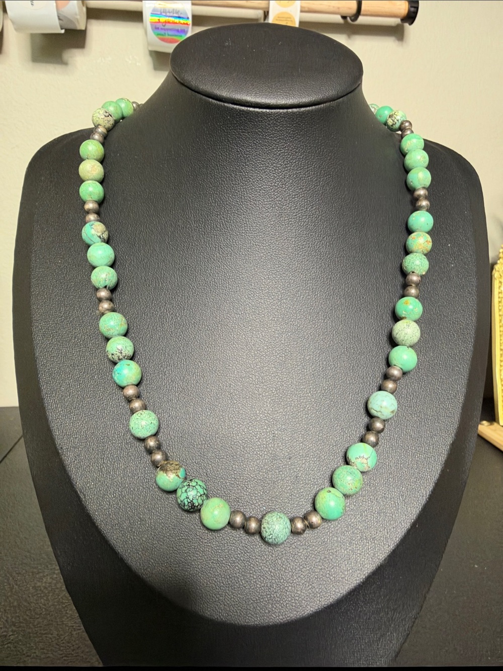 Turquoise-Green Stone Beaded Necklace Antiqued Silver Beads Boho Western